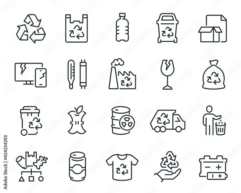 Waste Sorting Icons Set. Such as Garbage Truck, Garbage Can, Clothes, Battery, Food Waste, Glass, Household Appliances, Plastic, Paper and other. Editable vector stroke. Waste Sorting Icons Set. Such as Garbage Truck, Garbage Can, Clothes, Battery, Food Waste, Glass, Household Appliances, Plastic, Paper and other. Editable vector stroke.