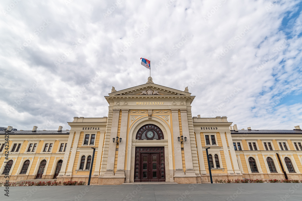 Belgrade, Serbia - March 28, 2021: Building of the old main railway station on Sava Square in Belgrade, Serbia. 