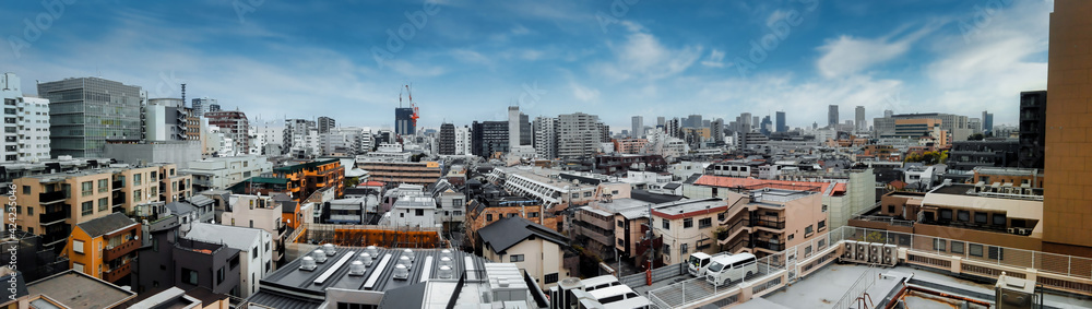 Overview of suburbs of Tokyo. Panoramic view of the Japanese capital. Dramatic scene of Tokyo in a cloudy morning.