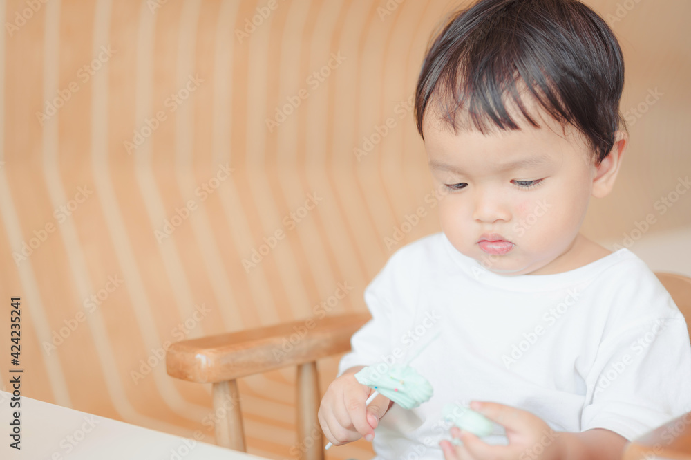 Asian baby boy, portrait of child, cute toddler with white shirt