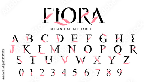 Vector Floral Alphabet with decorative leafs elements. Modern elegance font with uppercase letters. Vector Illustration.