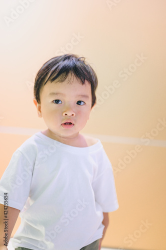Asian baby boy, portrait of child, cute toddler with white shirt