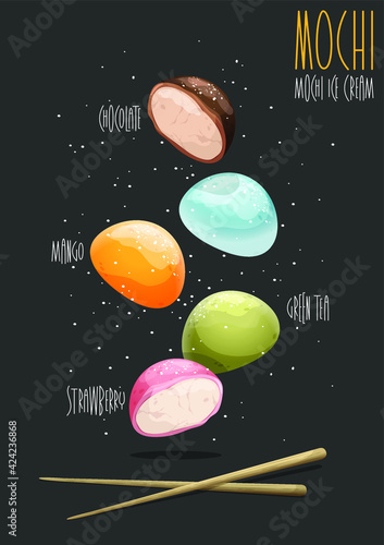 Mochi. apanese ice cream Mochi in rice dough. Vector illustration