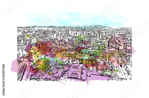 Building view with landmark of Pristina is the capital of Kosovo and the seat of the eponymous municipality and district. Watercolour splash with hand drawn sketch illustration in vector.