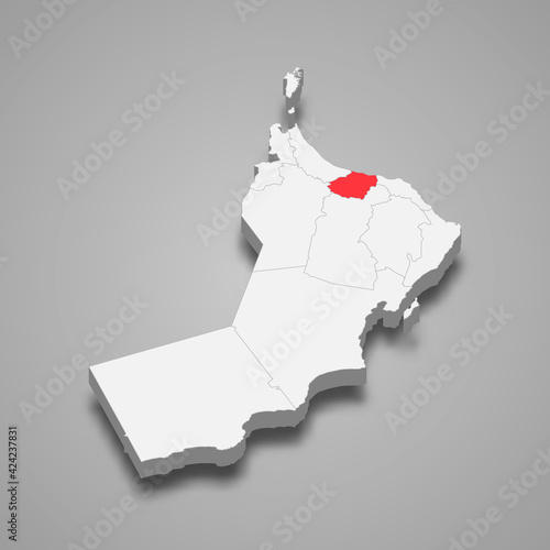 Al Batinah South region location within Oman 3d map