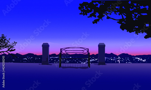 a panoramic image of a landscape consisting of an image of a bench on a hill above the evening city against the background of the evening sky