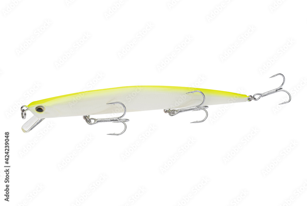 Wobbler with hooks for fishing as bait for fish, which is used for spinning. Fishing tackle for a fisherman. Wobbler with hooks for fishing as bait for fish, which is used for spinning. Fishing tackle for a fisherman.