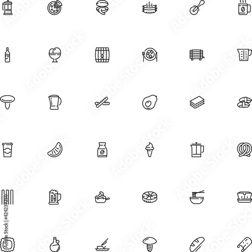 icon vector icon set such as: butter, sausage, whole, cookware, baguette, forest, ball, closeup, colour, bbq, beaker, julienne, avocado, go, package, pint, barbecue, cake, wafer, image, steel