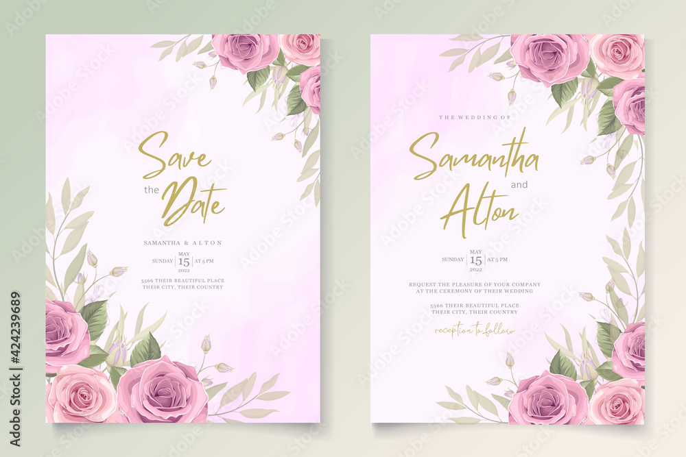 Modern wedding card design with pink roses
