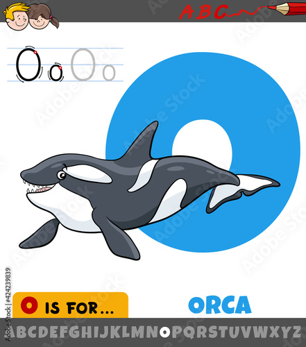 letter O from alphabet with orca animal character