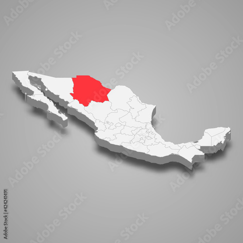 Chihuahua region location within Mexico 3d map
