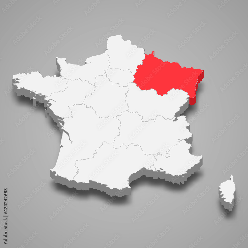 Grand Est region location within France 3d isometric map