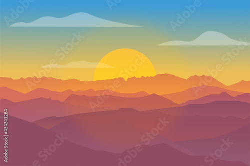 Gradient Colors Mountain With Bright Sun Landscape