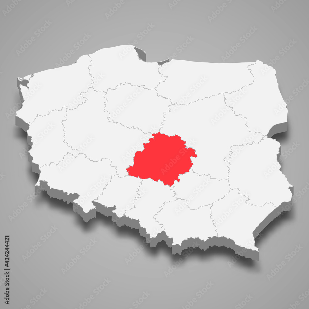 Lodz region location within Poland 3d map