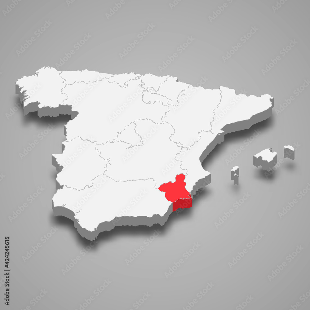 Murcia region location within Spain 3d map