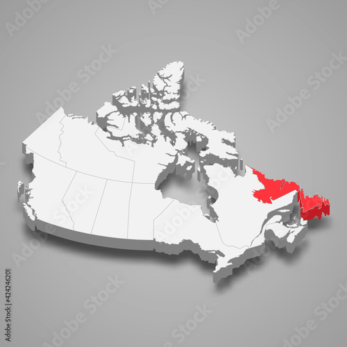 Newfoundland and Labrador region location within Canada 3d map