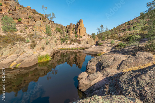 Lake Bear Gulch and rock formations in Pinnacles National Park in California, the ruined remains of an extinct volcano on the San Andreas Fault. Beautiful landscapes