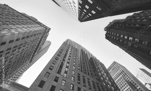 Looking up at Manhattan buildings, black and white picture, New York City, USA