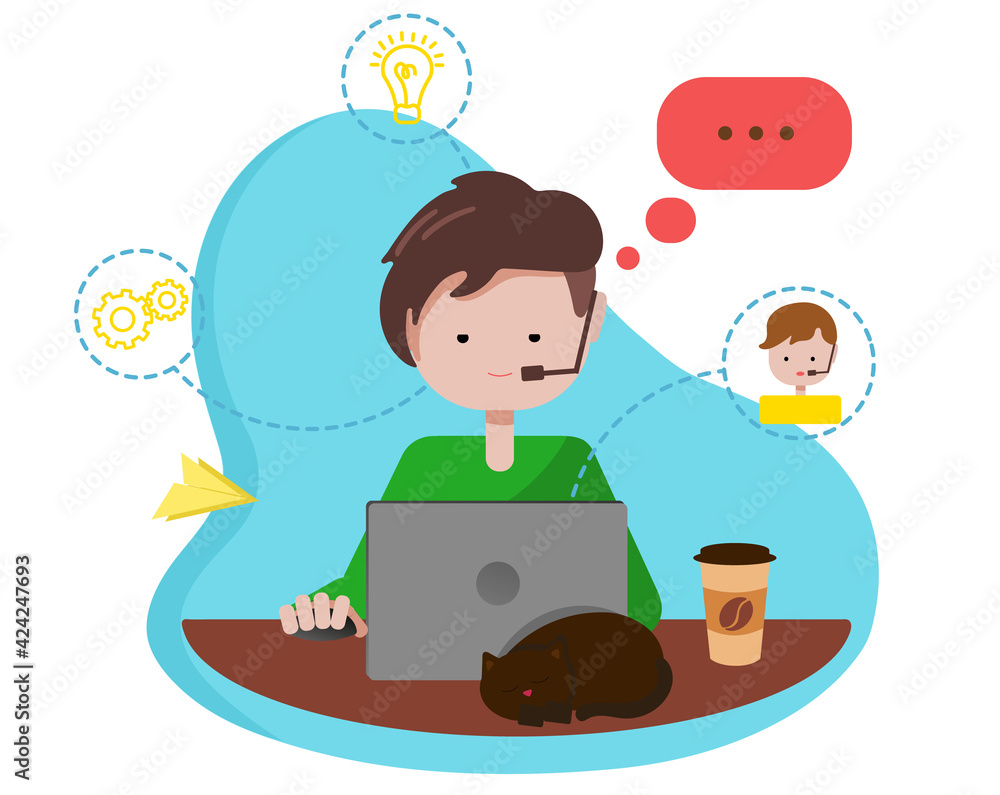 the guy with the laptop, talking on the headset with the interlocutor. The picture is completely vector, in juicy colors in a flat style the guy with the laptop, talking on the headset with the interlocutor. The picture is completely vector, in juicy colors in a flat style