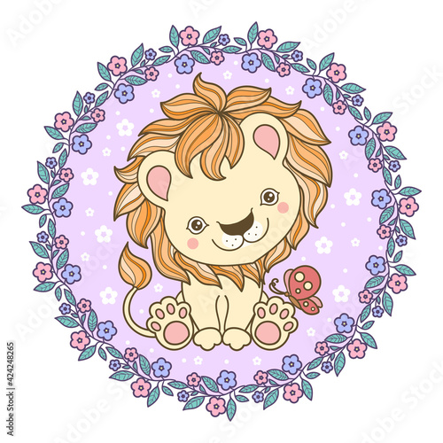 Cute little lion cub with a butterfly in a round frame of flowers. Children s illustration. Vector