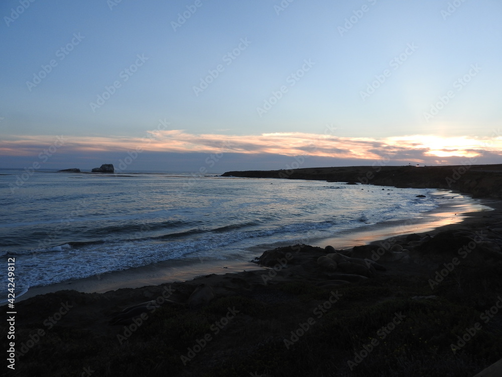 A beautiful sunset over the coast of San Simeon, in San Luis Obispo County, California.