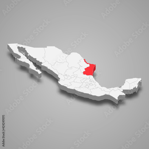 Tamaulipas region location within Mexico 3d map photo