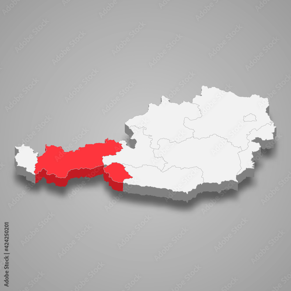 Tyrol region location within Austria 3d map Tyrol region location within Austria 3d map