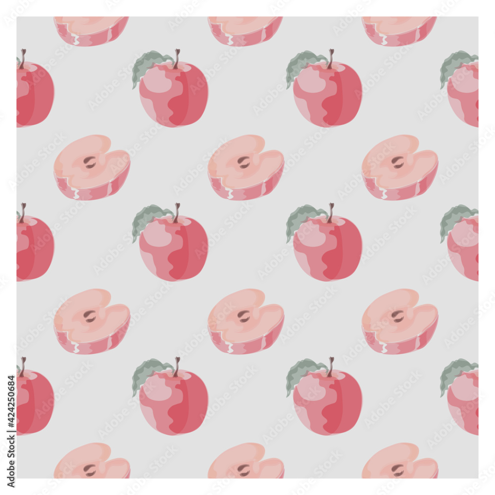 seamless pattern with red apples and leaves, isolated on a white background.