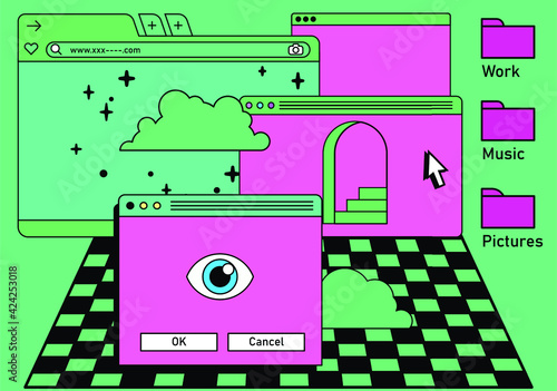 Retro vaporwave desktop with message boxes and user interface elements. A conceptual illustration of website and application programming.