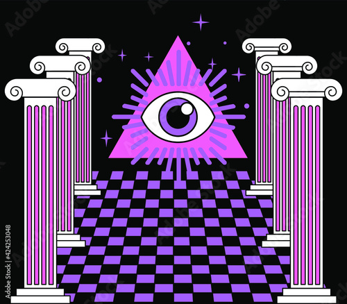 Surreal vaporwave landscape with a checkerboard floor, ancient columns and the all-seeing eye in a triangle. Trendy occult psychedelic style illustration.