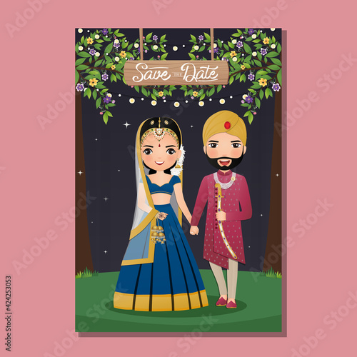  Wedding invitation card the bride and groom cute couple in traditional indian dress cartoon character. Vector illustration.