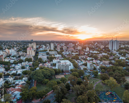 aerial view of a sunset in saavedra park, a typical neighborhood of Buenos Aires, Argentina. 