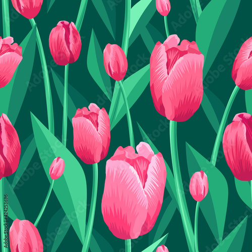 Tulip seamless pattern. Green, turquoise background and pink tulips with green leaves. Vector illustration, print, textile, pattern for printing. Floral pattern with pink flowers.