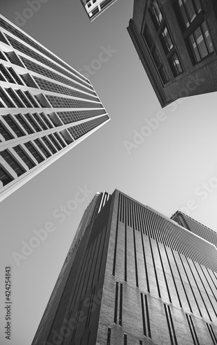 Canvas Print Looking up at Manhattan buildings, black and white picture, New York City, USA