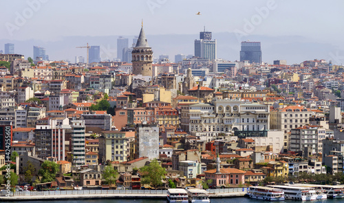 Panorama of the European part of Istanbul with the Karakoy pier and the Galata tower in the center.