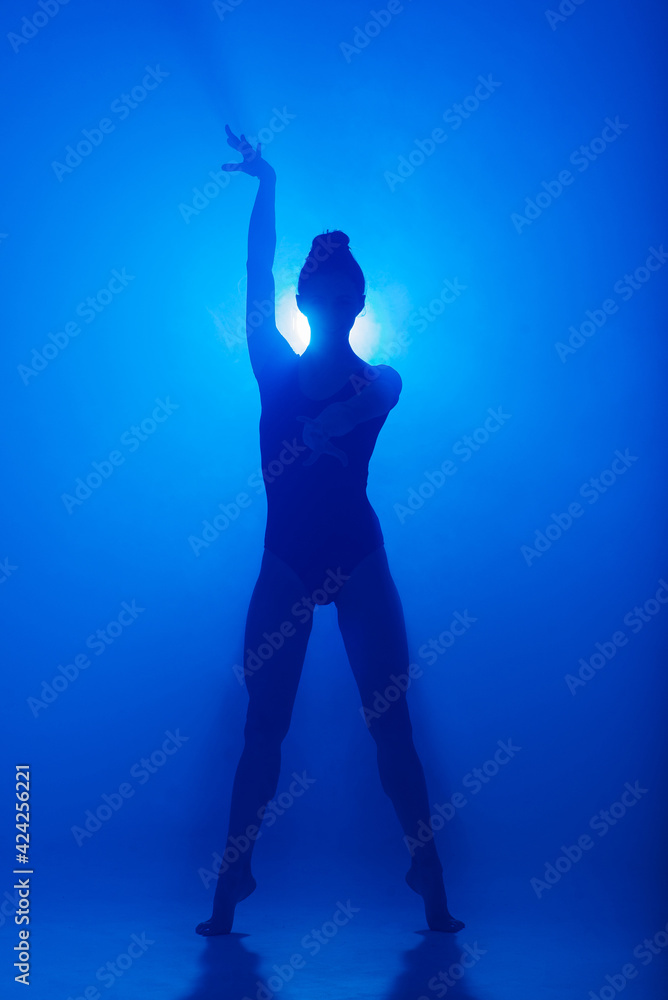 Ballerina in black bodysuit dancing with blue light and smoke. Silhouette of dancer in ballet shoes.