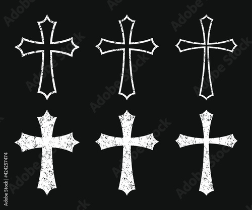 Cross vector shape symbol with grunge texture set. Christianity sign collection. Christian religion icon. Catholic and protestant faith logo or image. Teutonic crusader label. Gothic crusade crucifix.