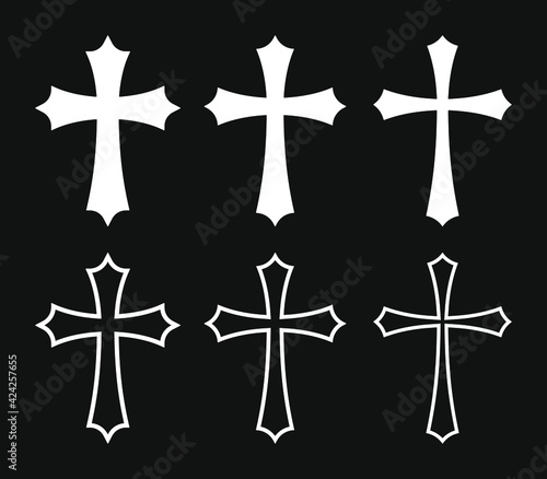 Cross vector shape symbol. Christianity sign. Christian religion icon. Catholic and protestant faith logo or image. Teutonic crusader label. Gothic crusade crucifix.