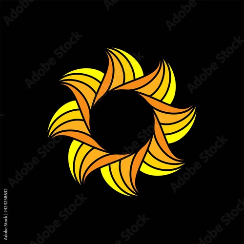 Sun Icon Sign Logo Design Yellow Orange Color in Black Background Vector