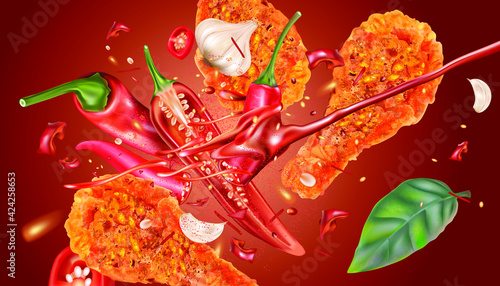 Spicy fried chicken with red chili splashing on solid color background, Vector realistic in 3D illustration.