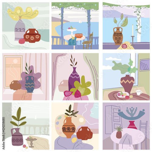 Set Still life abstract contemorary minimalism. Collection Vase flora intreior abstract elements shapes. Modern poster, banner, cover, social media content. Vector isolated