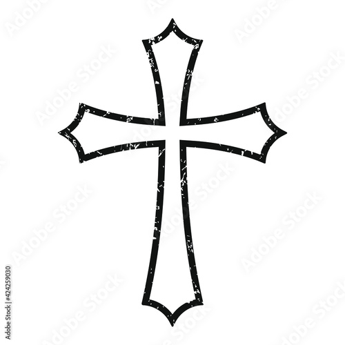 Cross vector shape symbol with grunge texture. Christianity sign. Christian religion icon. Catholic and protestant faith logo or image. Teutonic crusader label. Gothic crusade crucifix.