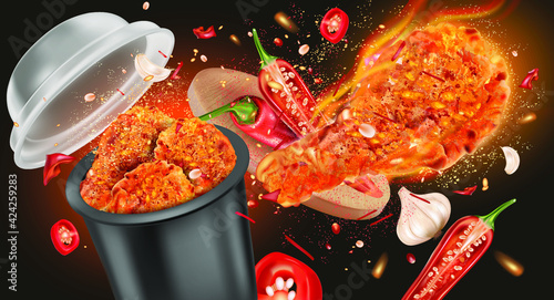Spicy fried chicken with red chili splashing on solid color background, Vector realistic in 3D illustration.