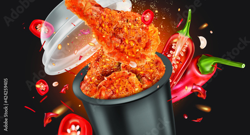 Spicy fried chicken with red chili splashing on solid color background, Vector realistic in 3D illustration.