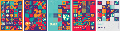 Space. Cosmos. Set of vector illustrations. Abstract backgrounds, patterns on the theme of space. Minimalistic vintage postcards. Wallpaper, poster, cover.