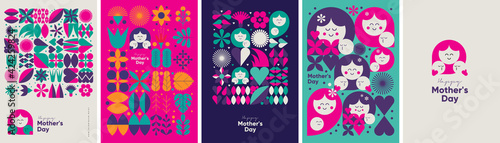 Mother's day. Set of vector illustrations. Abstract backgrounds, patterns, mother's day cards. Cover, poster, wallpaper. Minimalistic retro postcards.