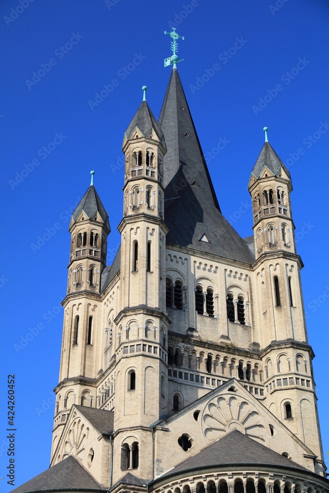 German landmarks - Great St Martin Church in Cologne Germany. Romanesque Church.