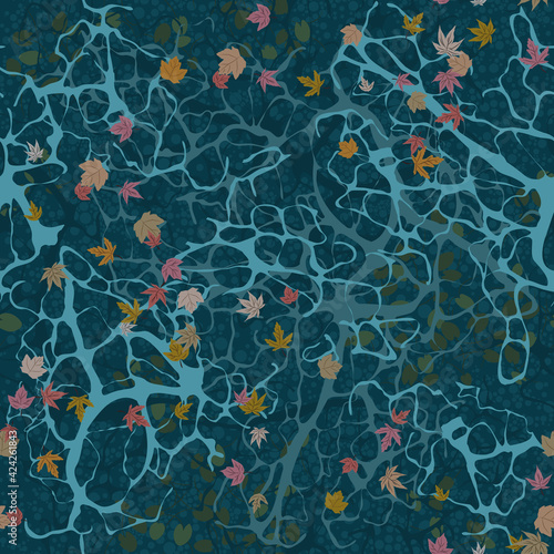 Top view of the ocean surface. Deep water with seaweed at the bottom. Ripple and splashes. Fallen leaves on the water. Water seamless pattern. 