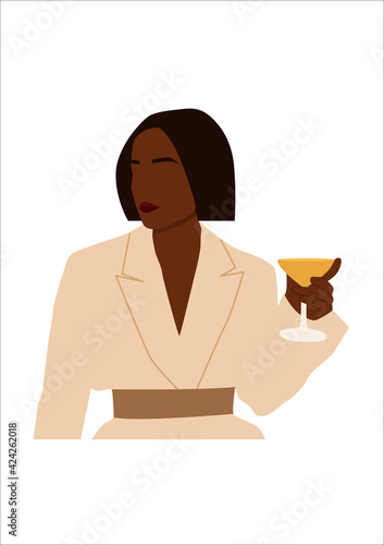 Abstract portrait of black woman in jacket with glasses of wine. Minimalist vine lovers. Trendy vector illustration isolated on white background