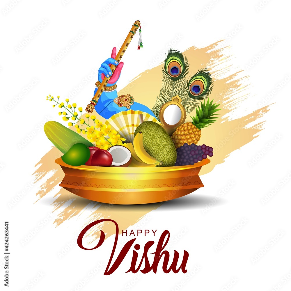 Happy Vishu greetings. April 14 Kerala festival with Vishu Kani, vishu